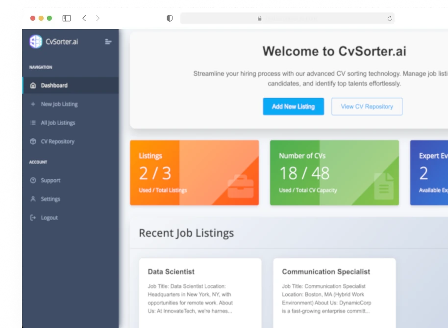 CvSorter.ai Dashboard - AI Recruitment